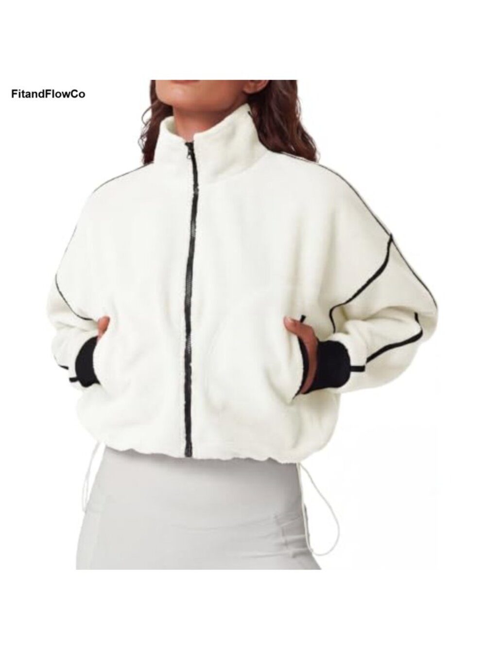 Women Full Zip Fleece Crop Jacket Sherpa Fuzzy Coat Pockets